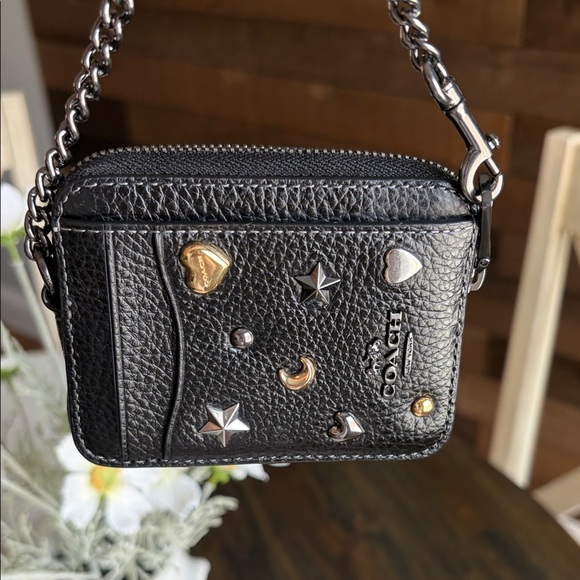 Coach Zip Card Case Black Pebbled Leather Card Case with Mixed Metal Charms - Picture 3 of 9